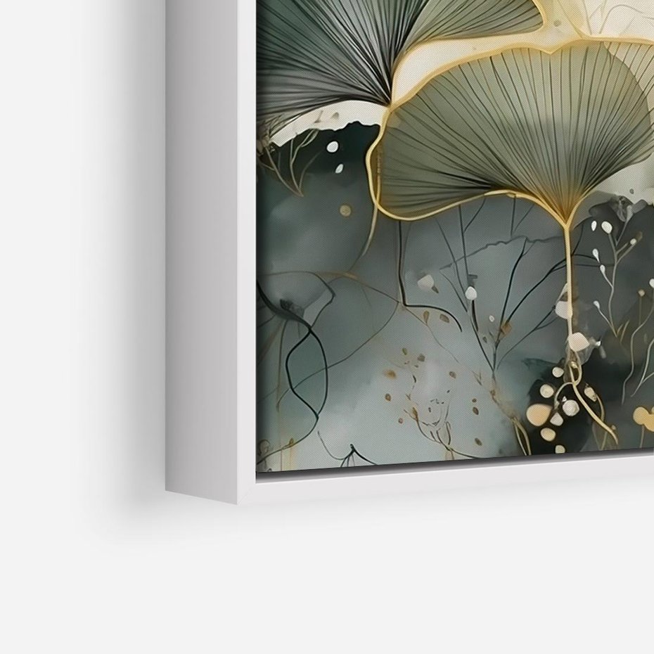 Obraz w ramie 100x70 - Natura w Złotym Odcieniu - złote elementy, liście miłorzębu japońskiego - rama biała