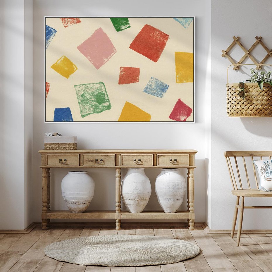 Obraz w ramie 120x80 - Tęczowe Rytmy - kolorowe tęczowe kwadraty, wesoły kolaż - rama biała