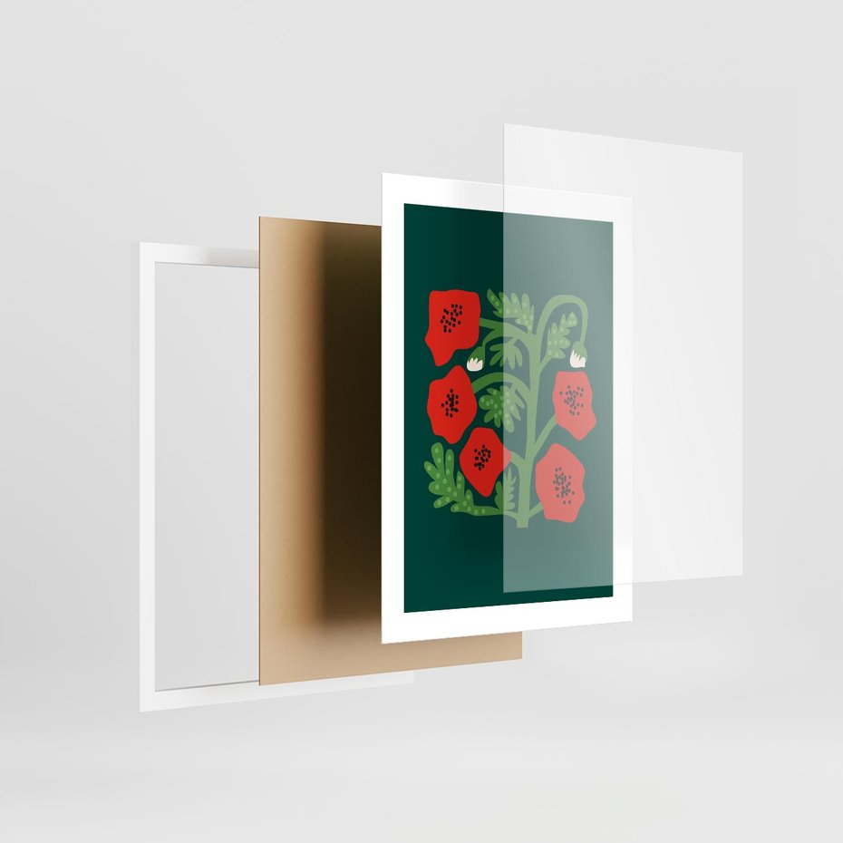 Plakat w ramie 30x40 - Księga Odbić - abstrakcyjna kwiatowa kompozycja, zielone mocne tło - rama biała