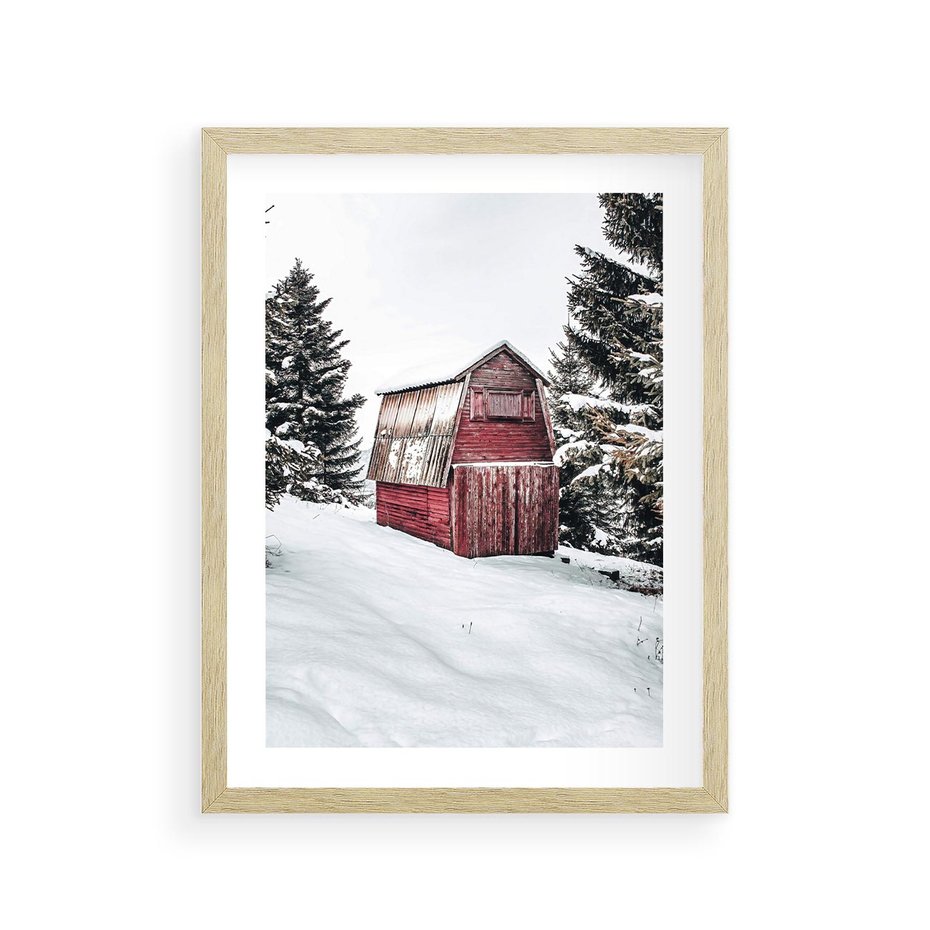 Plakat w ramie 30x40 - Domek w Śnieżnych Górach - domek, góry - rama drewno