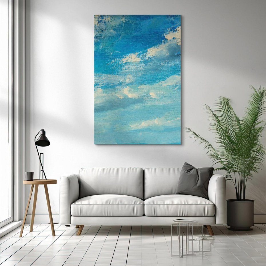 Obraz na płótnie 70x100 - Oddechy niebiańskiej materii - olejny obraz, smugi farby przypominają obłoki na błękitnym niebie