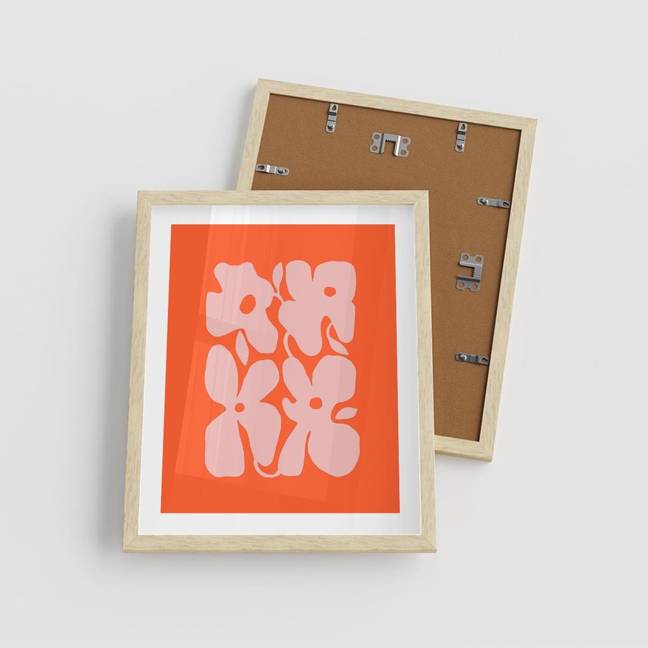 Plakat w ramie 40x50 - Taniec Abstrakcji - kwiaty, energetyczne pomarańczowe tłó - rama drewno