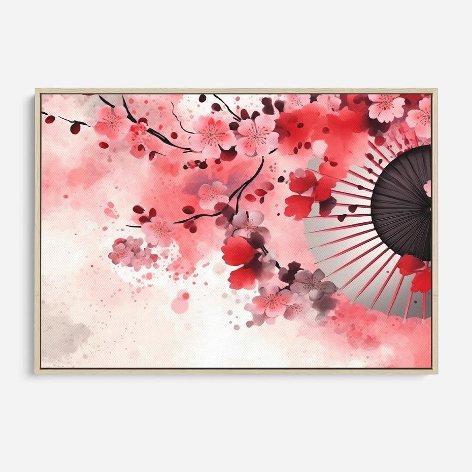 Obraz w ramie 100x70 - Szept Kwitnącej Wiśni - japoński parasol, liście - rama drewno