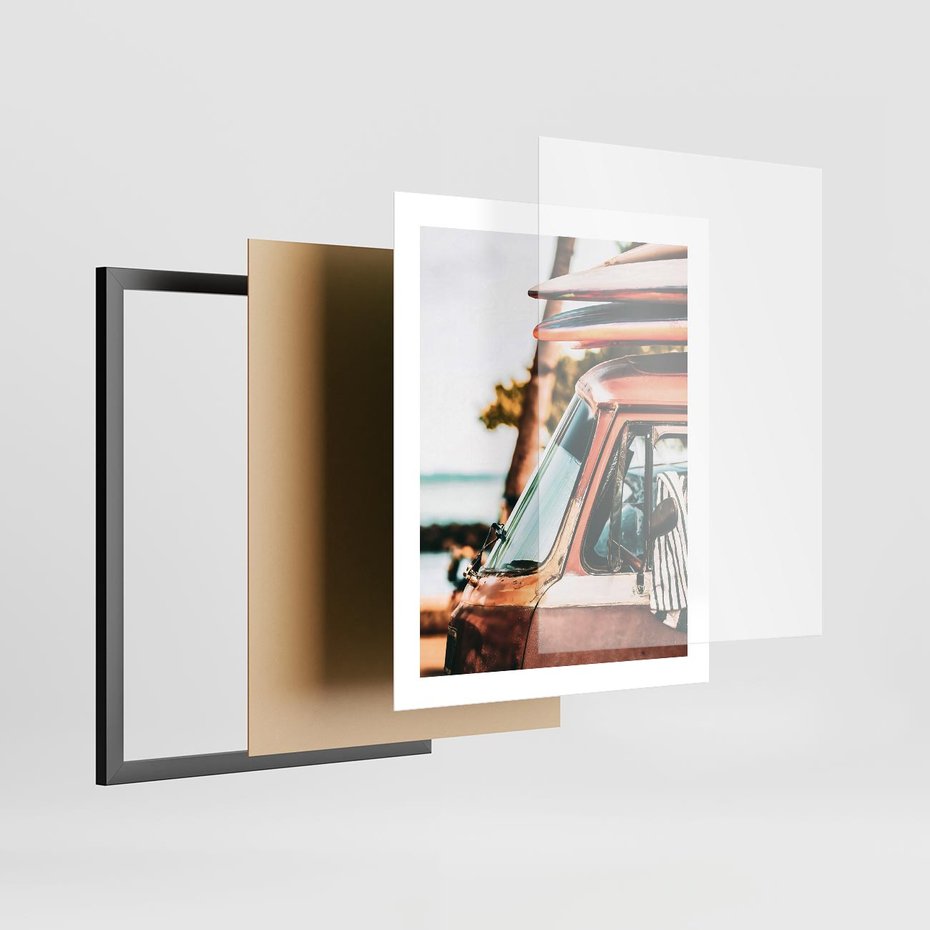 Plakat w ramie 40x50 - Surfingowa Wolność - samochód, stary van - rama czarna