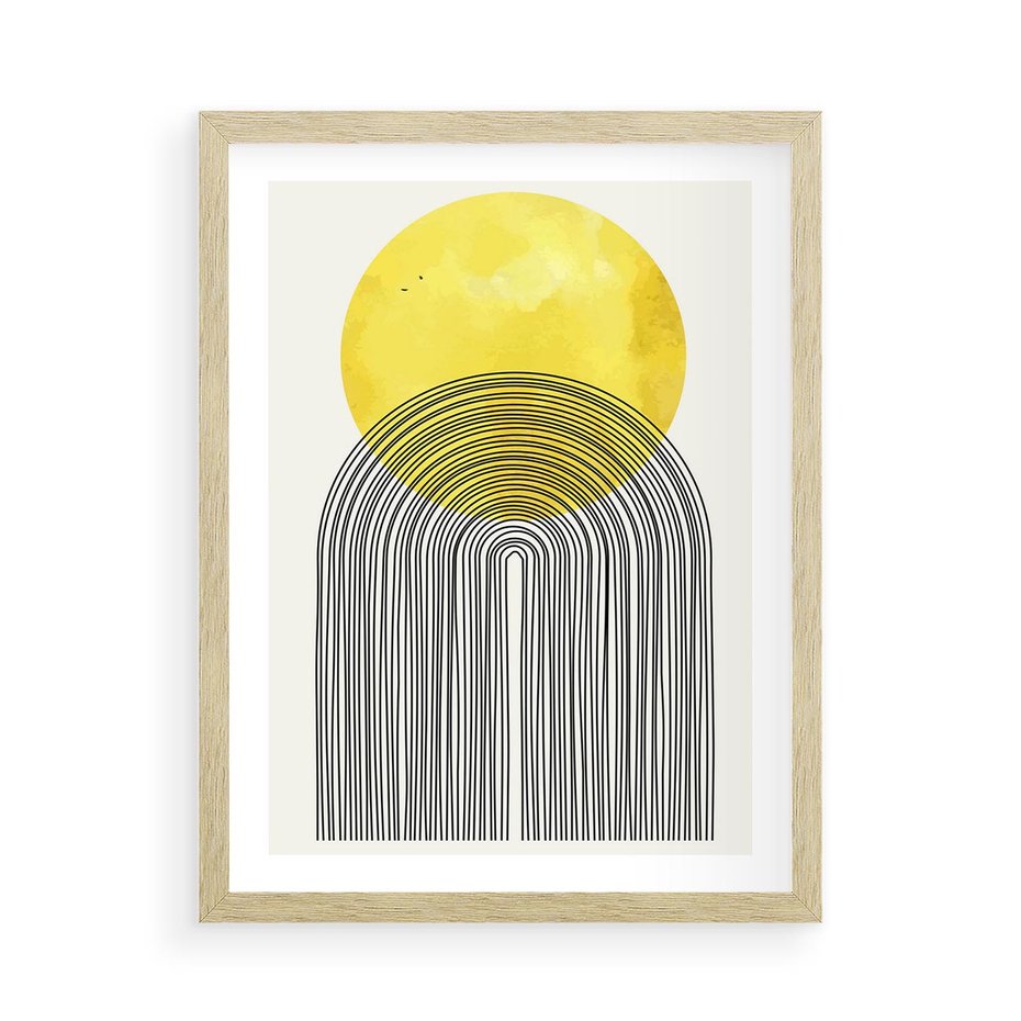 Plakat w ramie 50x70 - Słoneczne Odbicia - geometria, żółte koło - rama drewno