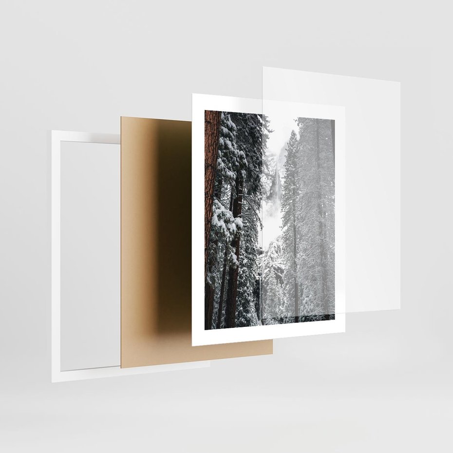 Plakat w ramie 40x50 - Cicha Magia Zimowego Lasu - zimowy las, ośnieżone drzewa - rama biała