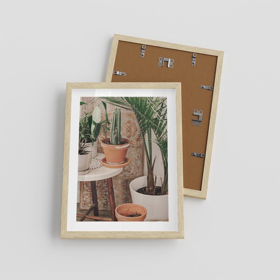 Plakat w ramie 30x40 - Boho Oaza: Kaktusy w Doniczkach - rośliny kaktusy w doniczkach, boho wnętrze - rama drewno