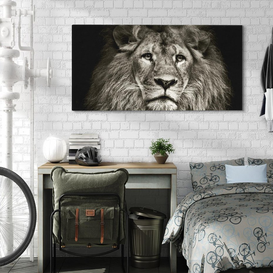Obraz na płótnie 140x70 - Moc lewego spojrzenia - lew, czarno
