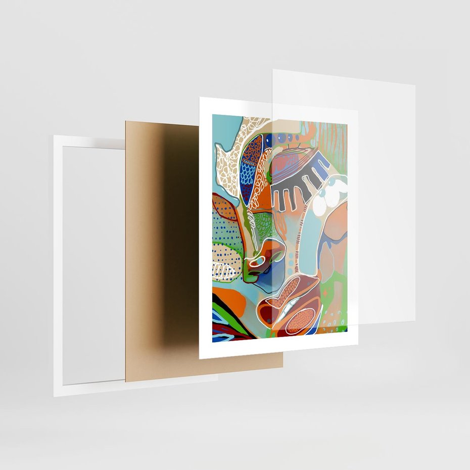 Plakat w ramie 40x50 - Wibracje Kształtów - abstrakcyjny portret kobiety, twarz - rama biała