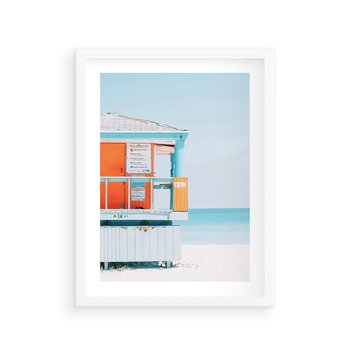 Plakat w ramie 40x50 - Letnia Idylla - plaża, domek na plaży - rama biała