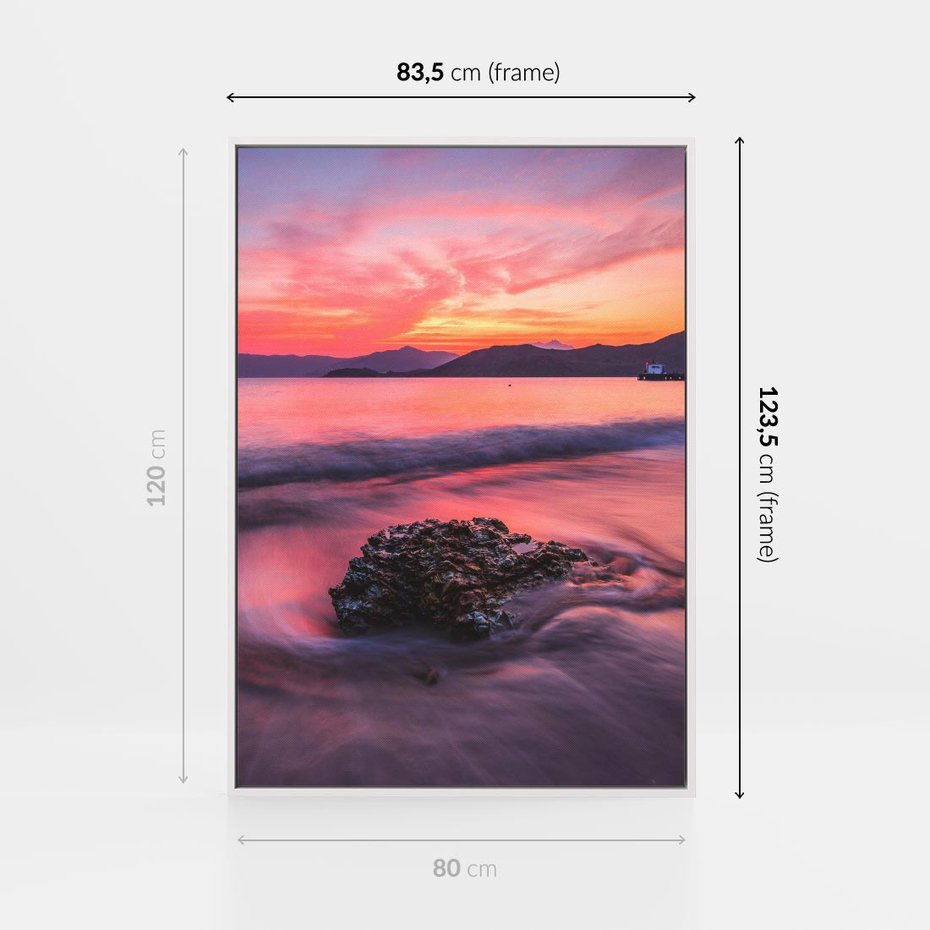 Obraz w ramie 80x120 - Zaklęty Zachód - magiczny zachód słońca, fioletowe - rama biała