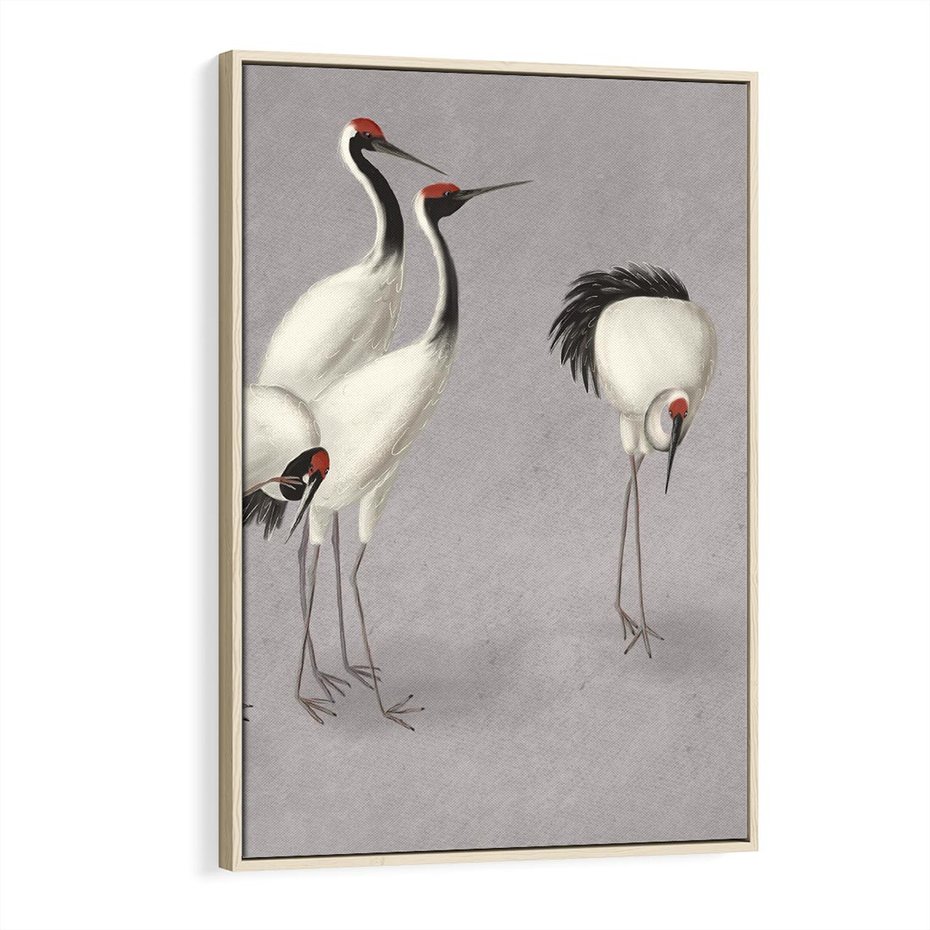 Obraz w ramie 70x100 - Spojrzenie wstecz w pędzlu - szkic rysunek, japońskie żurawie - rama drewno