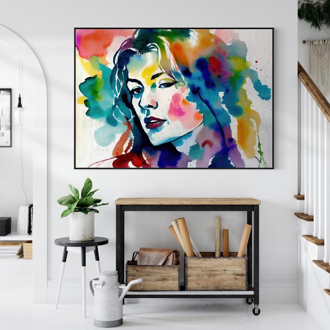 Obraz w ramie 70x50 - Abstrakcyjna ekstaza barw - abstrakcyjny portret kobiety, szkic czarną kreską - rama czarna