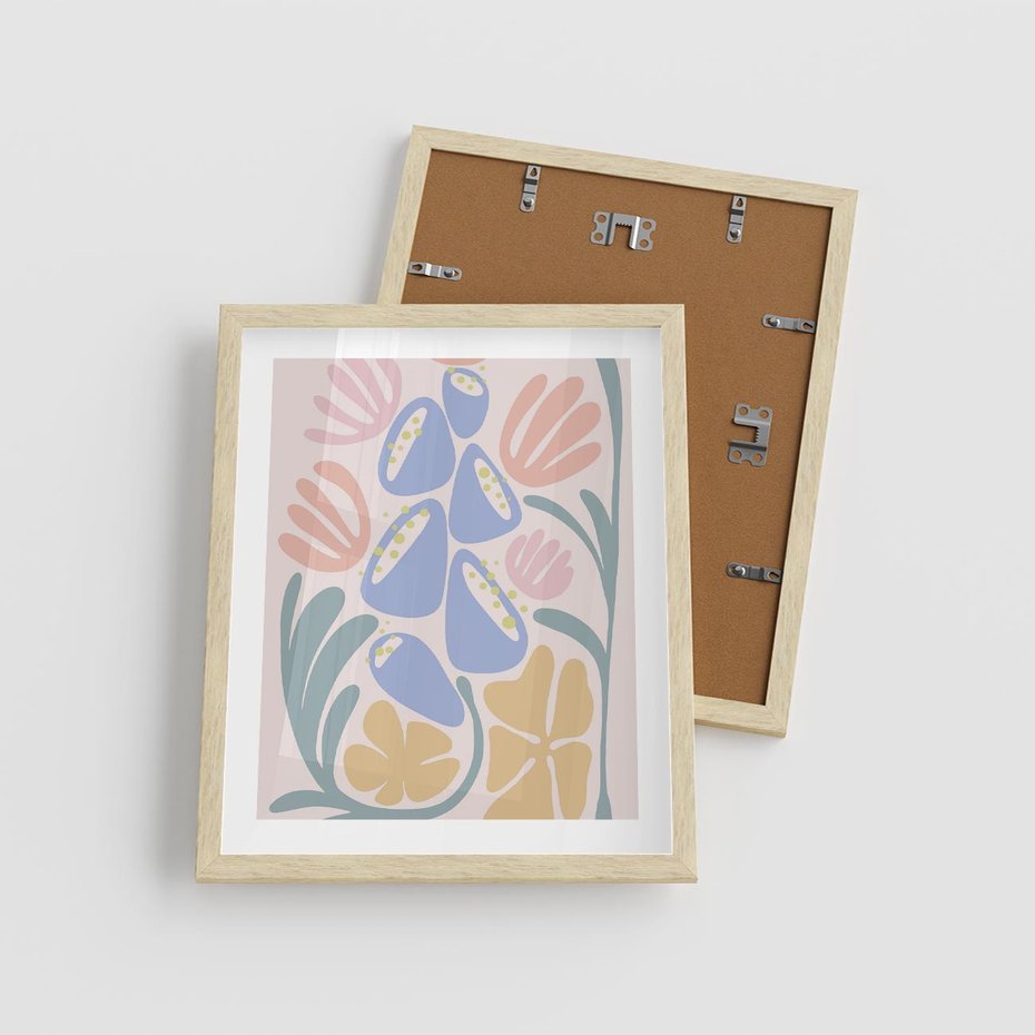 Plakat w ramie 40x50 - Minimalistycznie i Pastelowo - pastelowe kwiaty, na beżowym tle - rama drewno