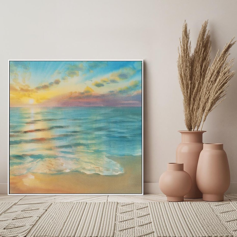 Obraz w ramie 50x50 - Objawienie Fioletowego Świtu - fioletowy wschód słońca, słońce wschodzi nad morzem - rama biała