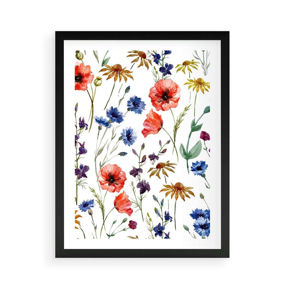 Plakat w ramie 50x70 - Kwiatowe radości na łące - kwiaty, łączka - rama czarna