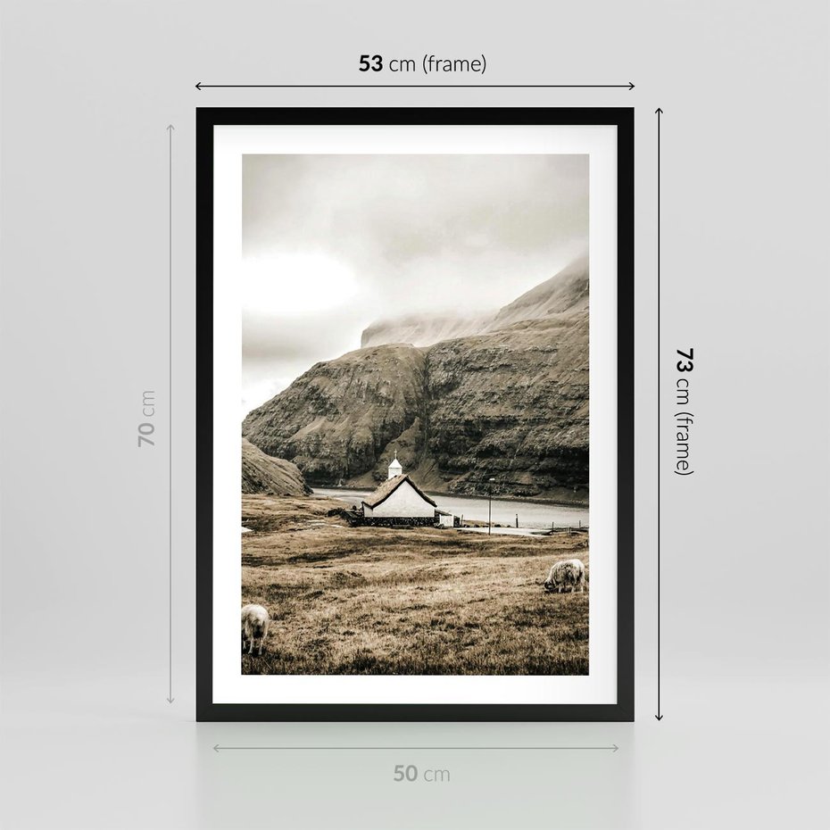 Plakat w ramie 50x70 - Kościół na Wzgórzu: Sepia Nostalgii - kościół w górach, na wzgórzu - rama czarna