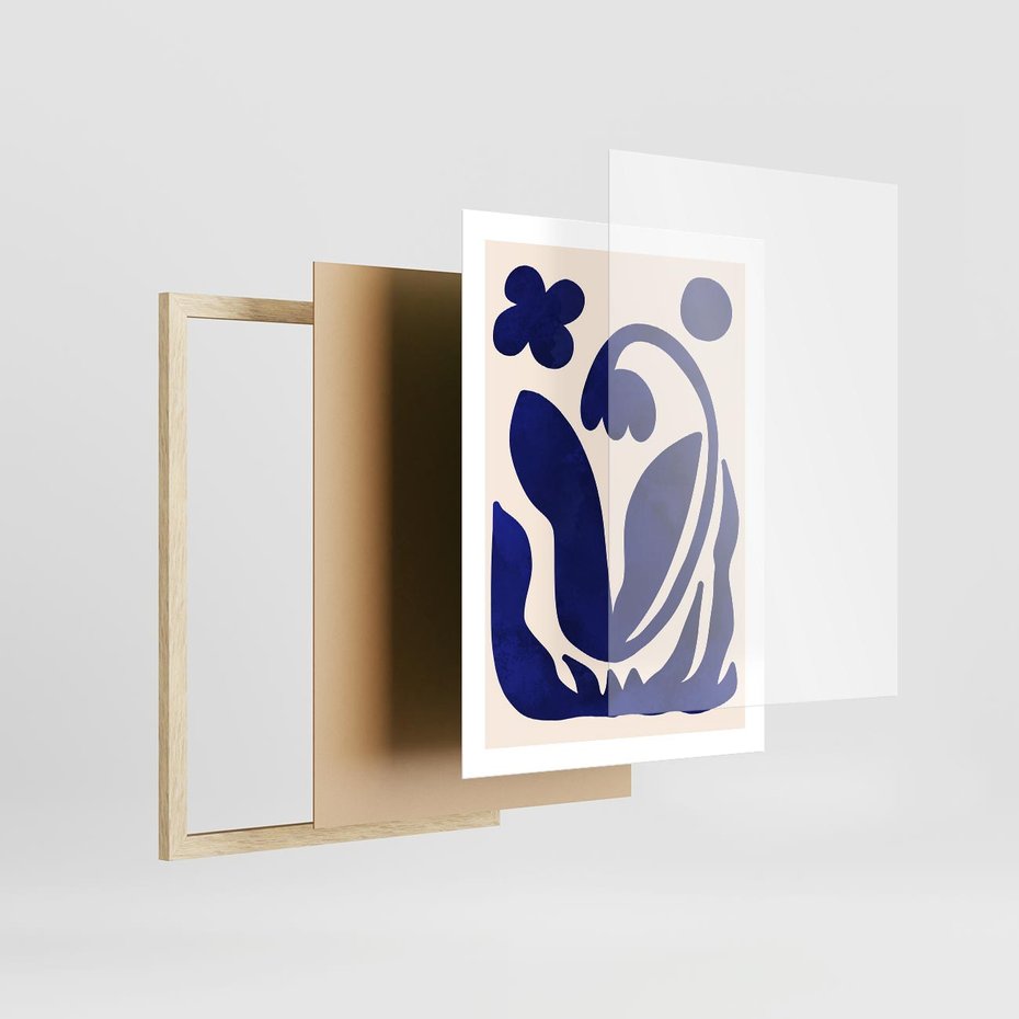 Plakat w ramie 50x70 - Bezgraniczne Echa Serca - abstrakcyjny obraz plakat, dziwne niebieskie kształty przypominają kwiat - rama drewno