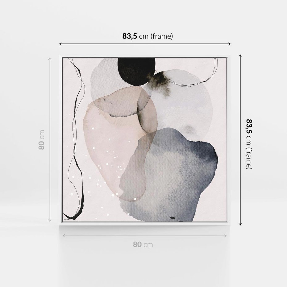 Obraz w ramie 80x80 - Migocące Barwy - abstrakcyjne plamy akwarelowe, czarny szkic - rama biała