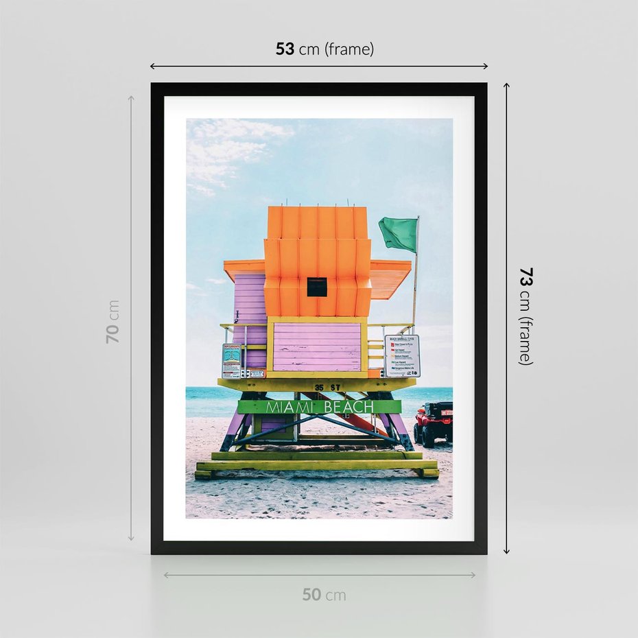 Plakat w ramie 50x70 - Plaża Miami w Słoneczny Dzień - domek ratownika, kolorowy - rama czarna