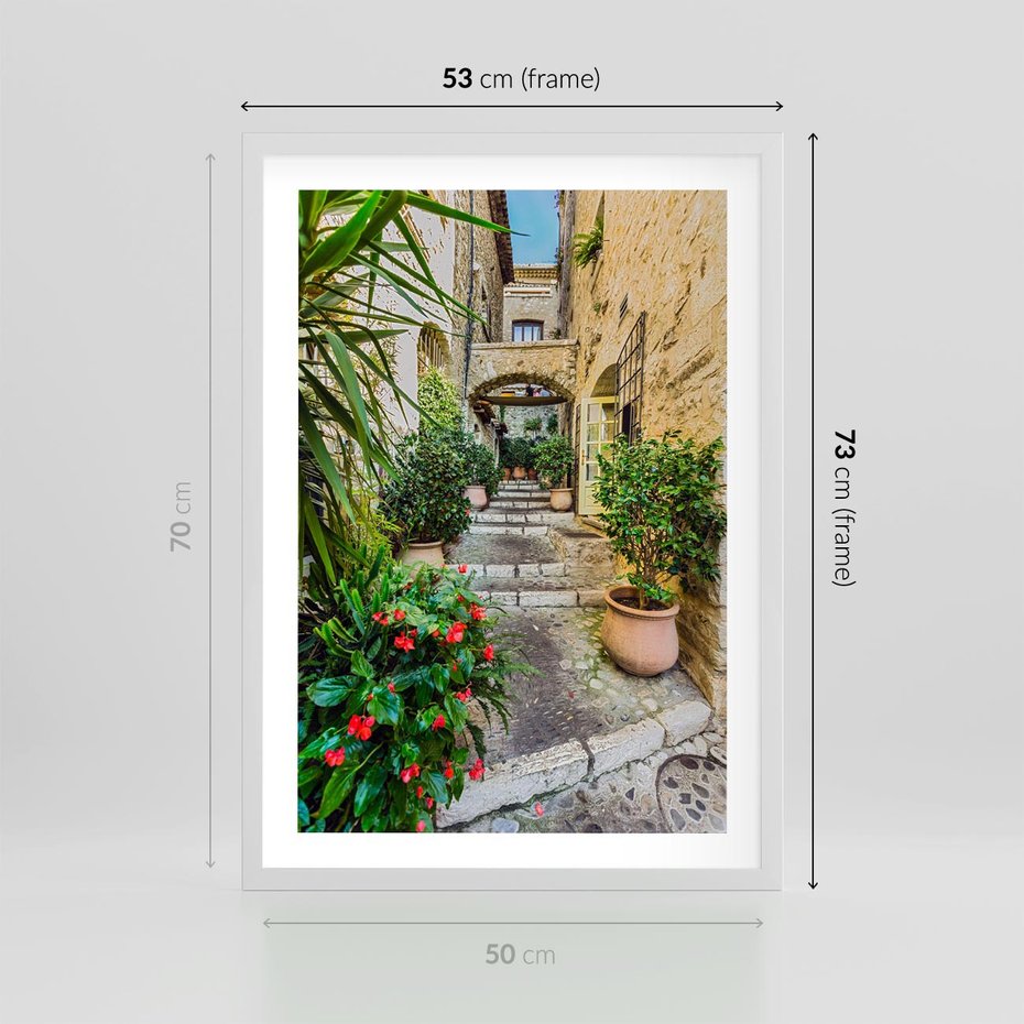 Plakat w ramie 50x70 - Perspektywa uliczki malownicza - uliczka, perspektywa - rama biała