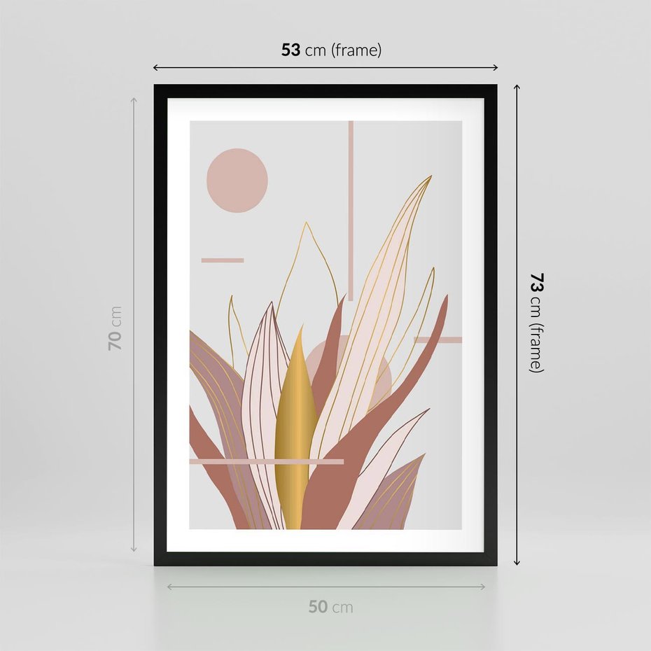 Plakat w ramie 50x70 - Złota Grafika Liści: Wyjątkowa Dekoracja - liście, złoto - rama czarna