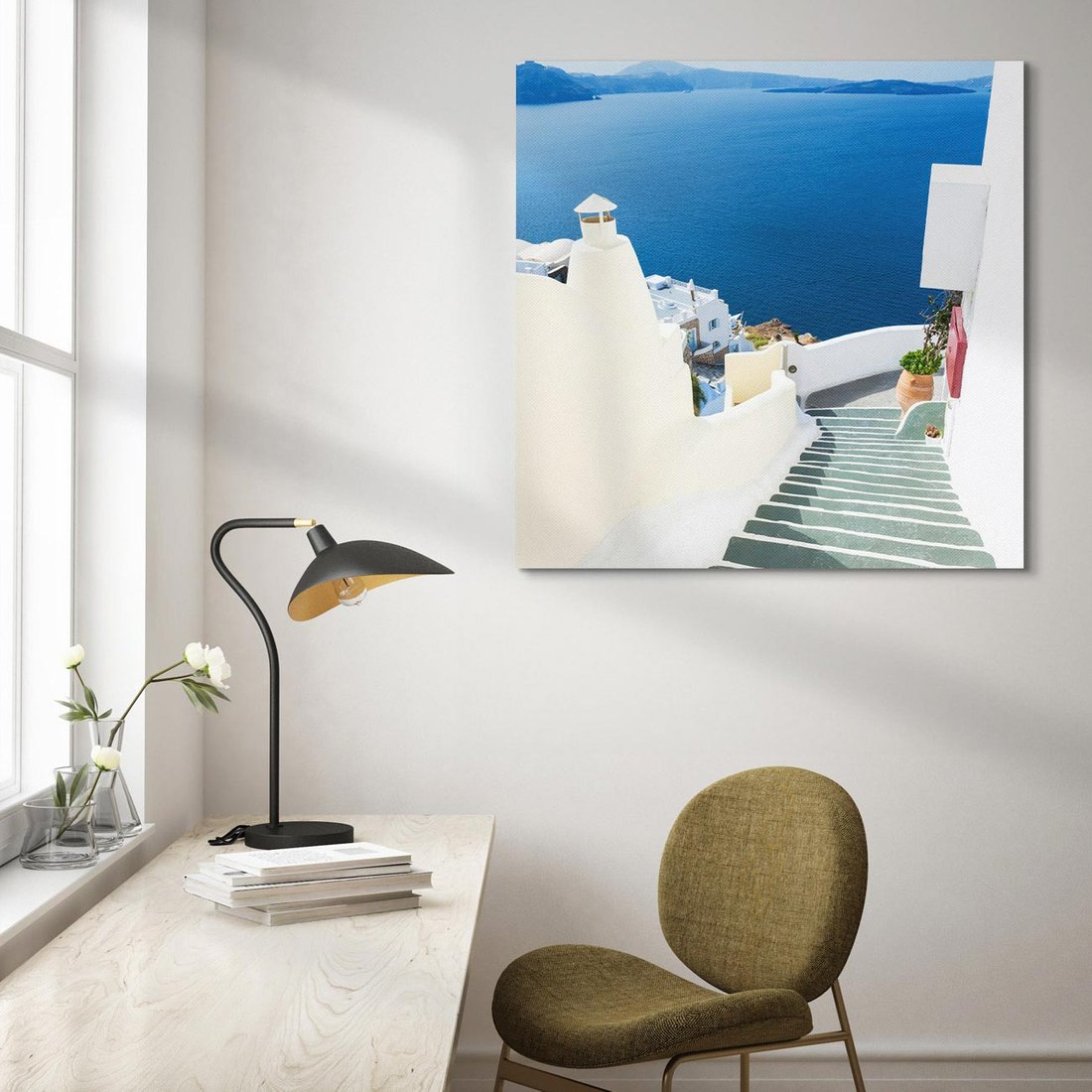 Obraz na płótnie 40x40 - Malowniczy urok wyspy - Santorini, schodki