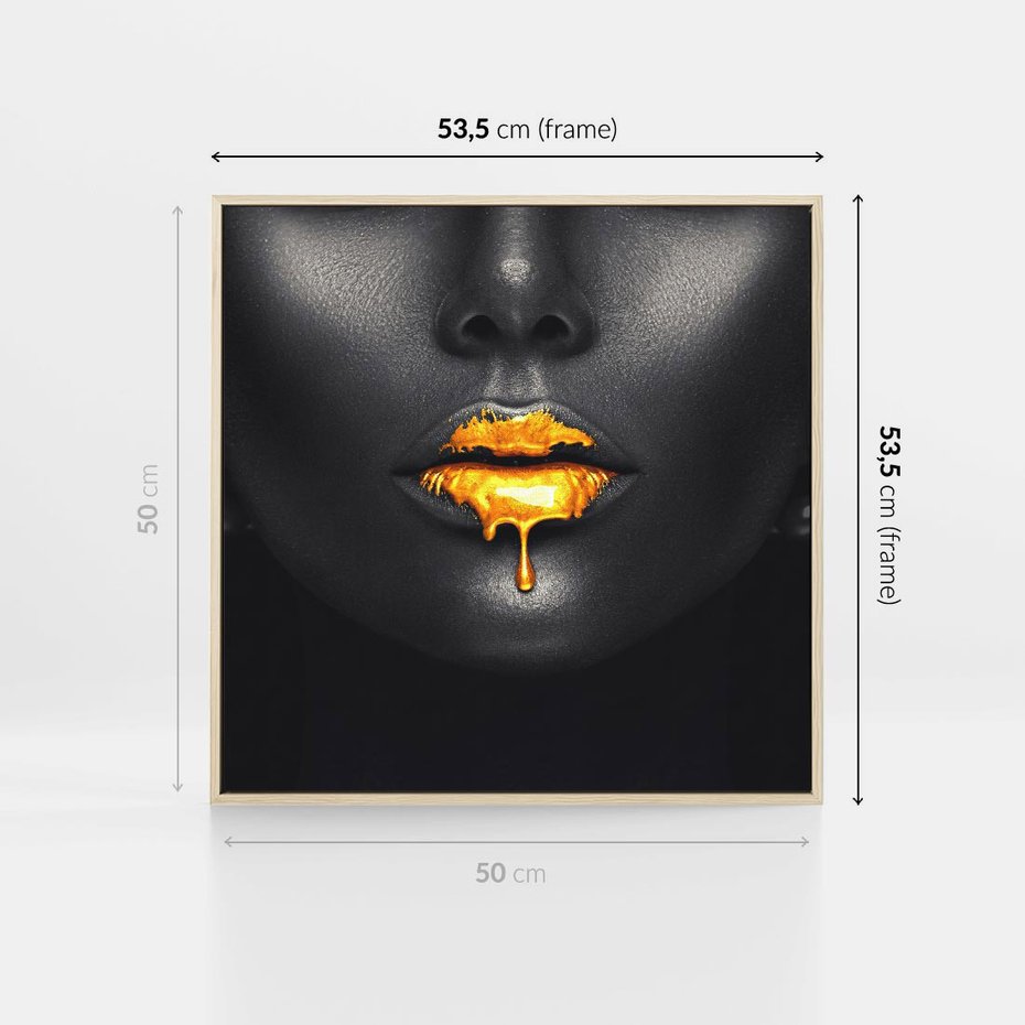 Obraz w ramie 50x50 - Złote Usta Kobiety - złote, usta - rama drewno