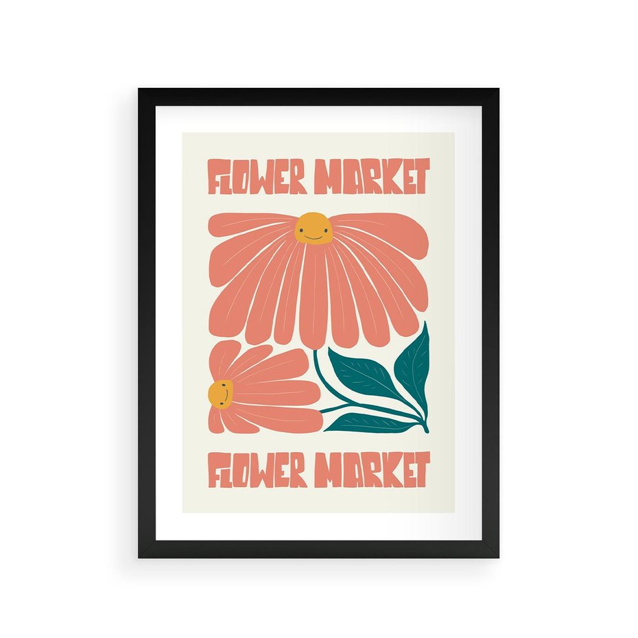 Plakat w ramie 30x40 - Grafika Pełna Radości - wesoła grafika, uśmiechnięte kwiaty - rama czarna