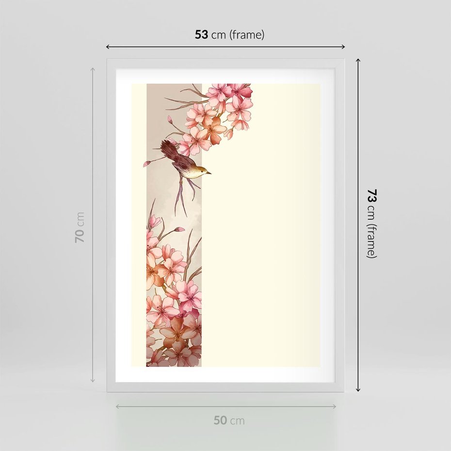 Plakat w ramie 50x70 - Rozkwitające Marzenia - japońska sztuka, ptak - rama biała