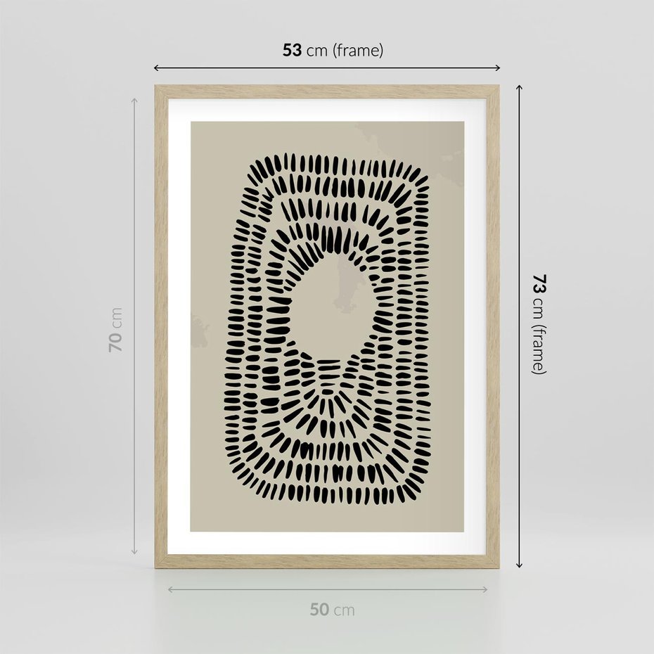 Plakat w ramie 50x70 - Zaklęte Wnętrza - boho plakat, czarne kropki kreski - rama drewno