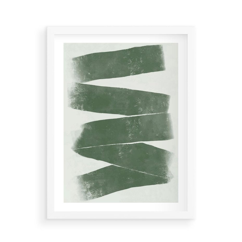 Plakat w ramie 50x70 - Zielone Refleksje - abstrakcja, zgaszony zielony kolor - rama biała