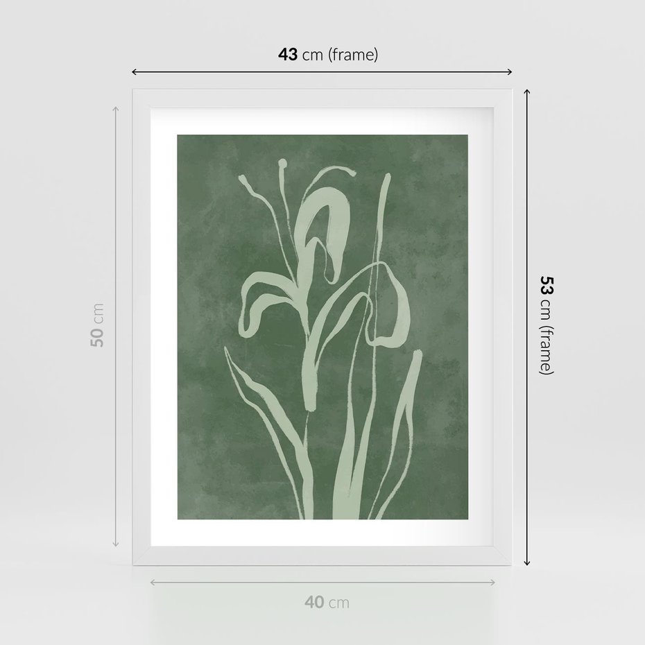 Plakat w ramie 40x50 - Zielony Oddech - zielona abstrakcja, zgaszona zieleń - rama biała