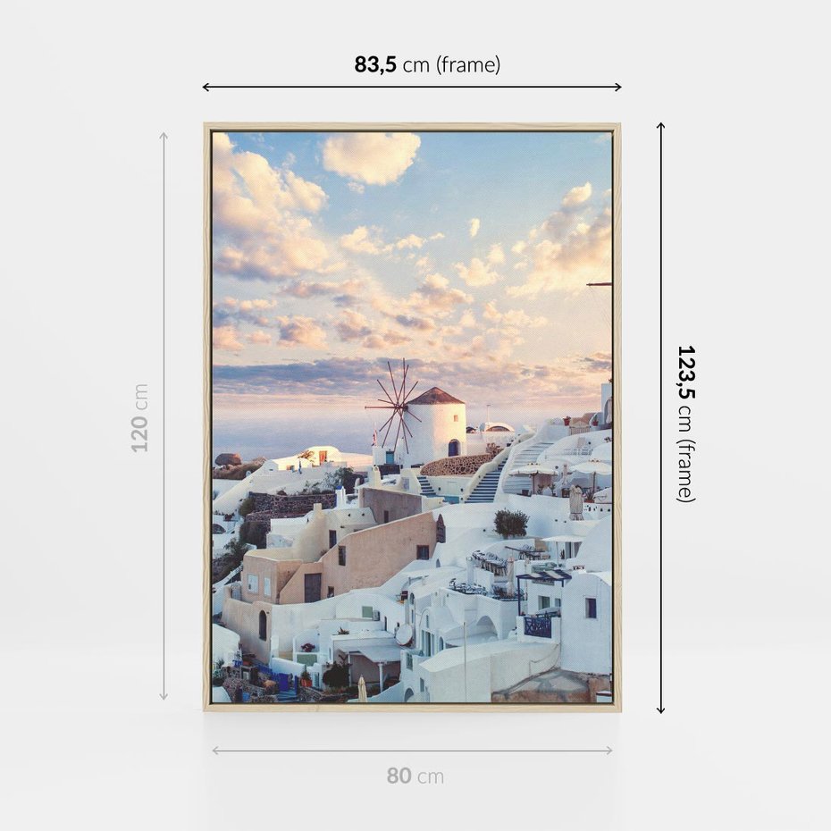 Obraz w ramie 80x120 - Biel ponad Błękitem - Santorini, białe budynki - rama drewno