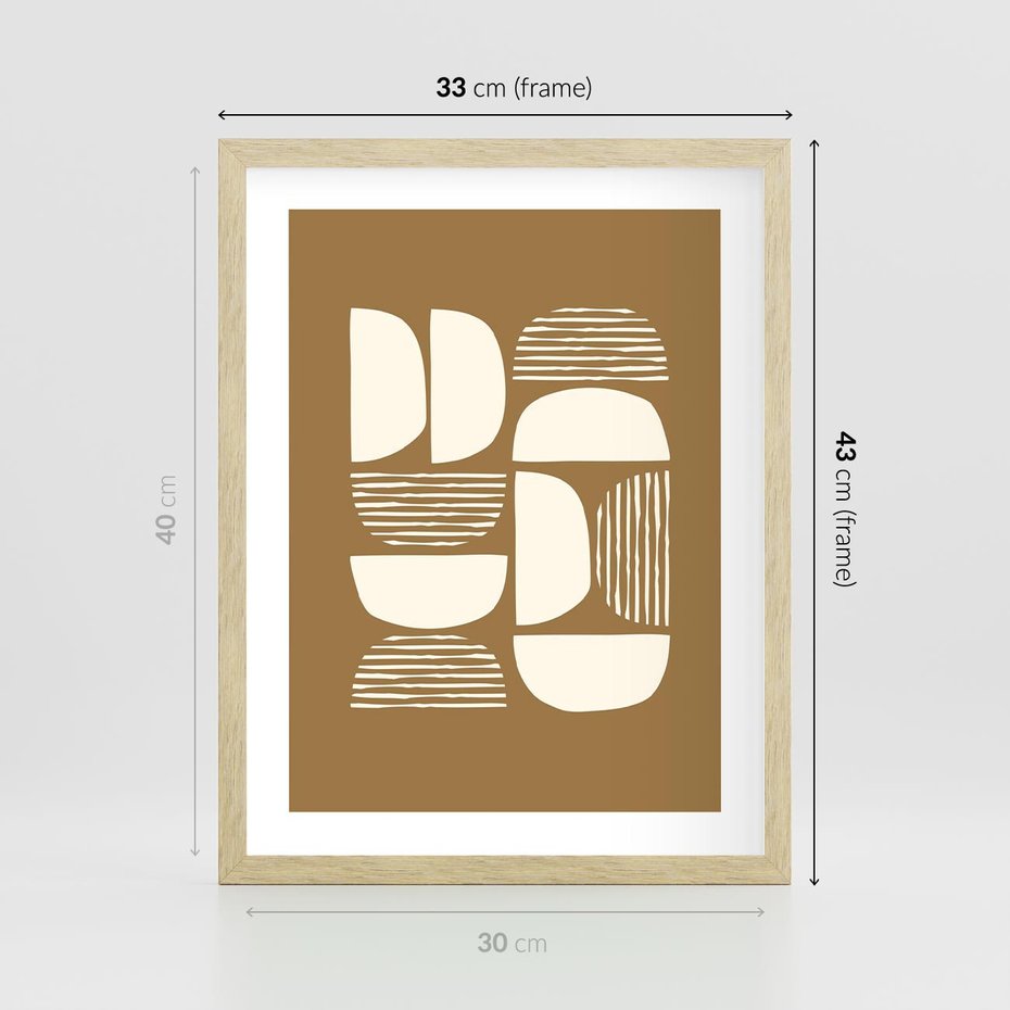 Plakat w ramie 30x40 - Wewnętrzne Spektrum - geometryczne boho kształty na brązowym, karmelowym tle - rama drewno