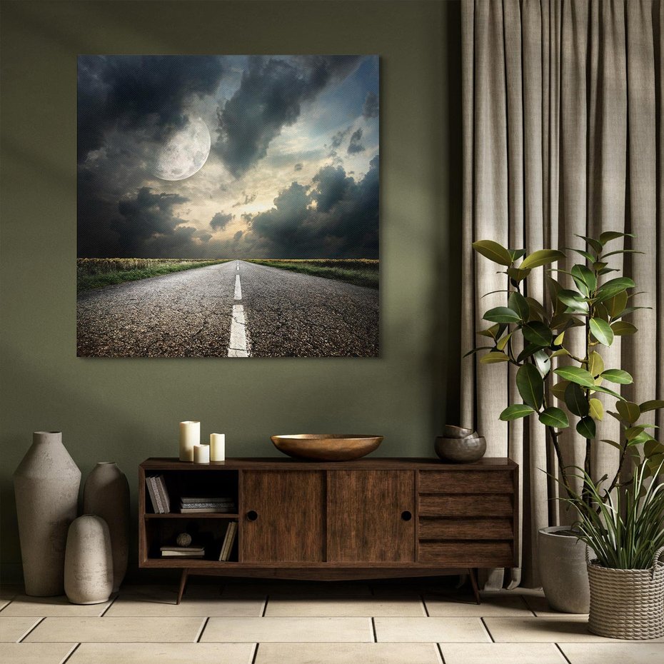 Obraz na płótnie 40x40 - magia nocnej drogi - droga, księżyc