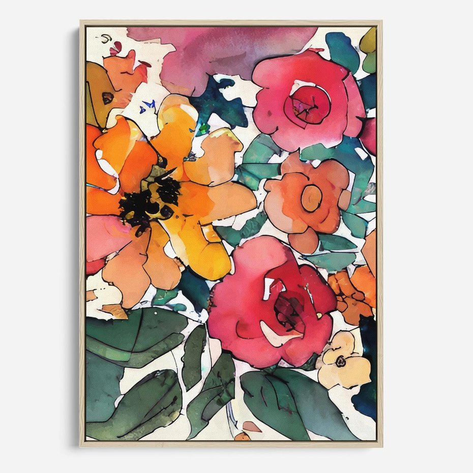 Obraz w ramie 70x100 - Kwiatowy Impuls Kolorów - abstrakcyjne kolorowe kwiaty, szkic - rama drewno