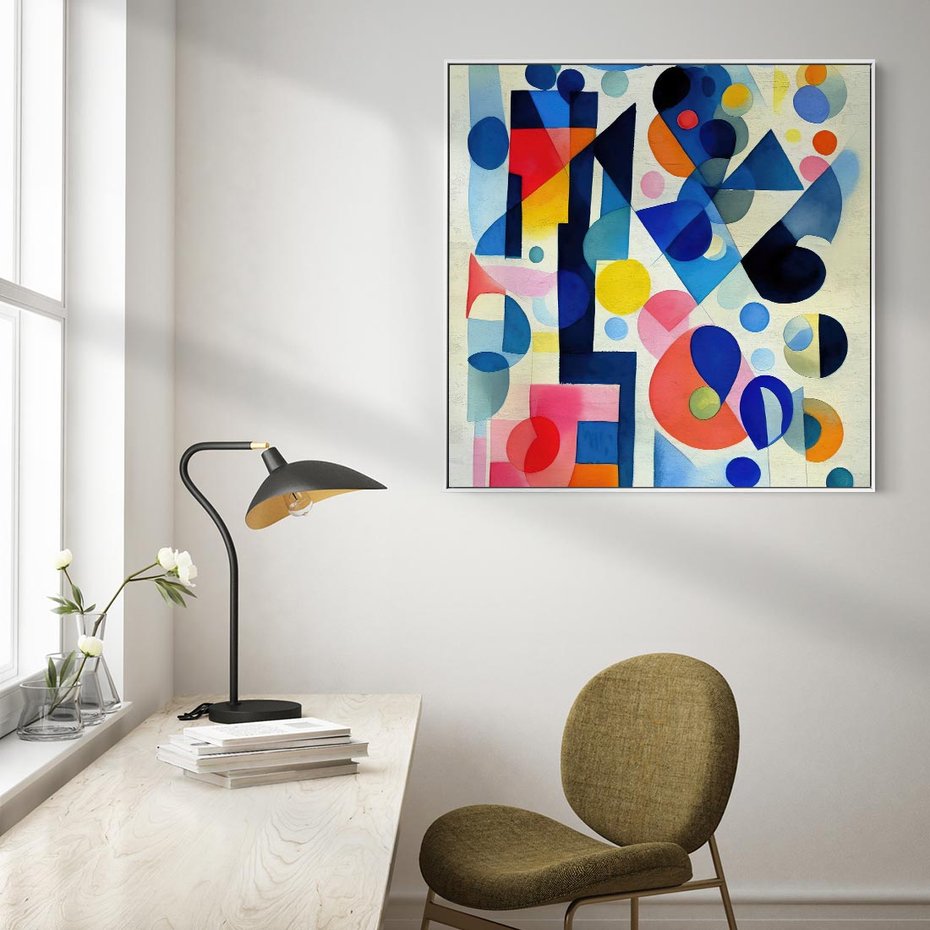 Obraz w ramie 50x50 - Księga Akwarelowych Przeniknięć - abstrakcyjny obraz, różne kolorowe kształty - rama biała