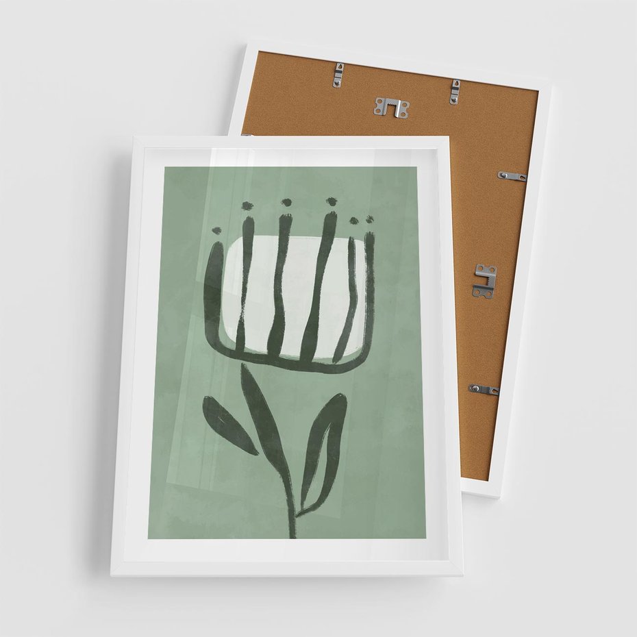 Plakat w ramie 50x70 - Objęcia Zieleni - zielona abstrakcja, zgaszona zieleń - rama biała