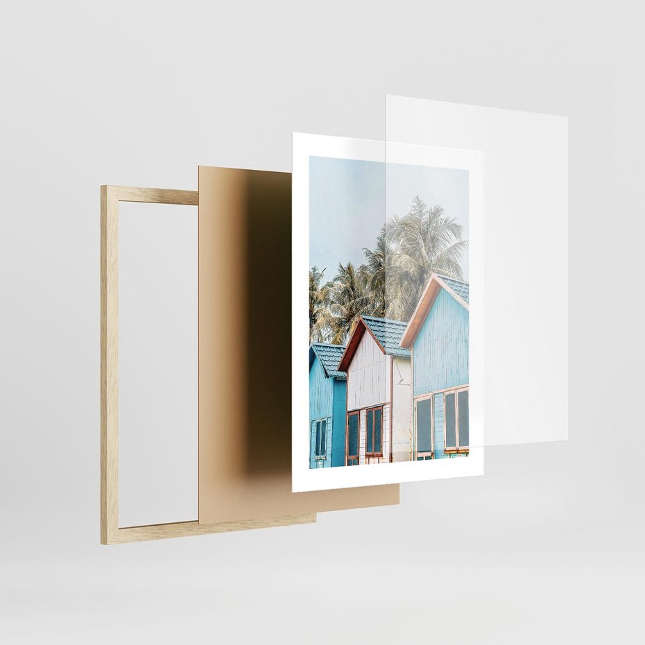 Plakat w ramie 30x40 - Rajskie Wakacje - domki na plaży, błękitne domki - rama drewno