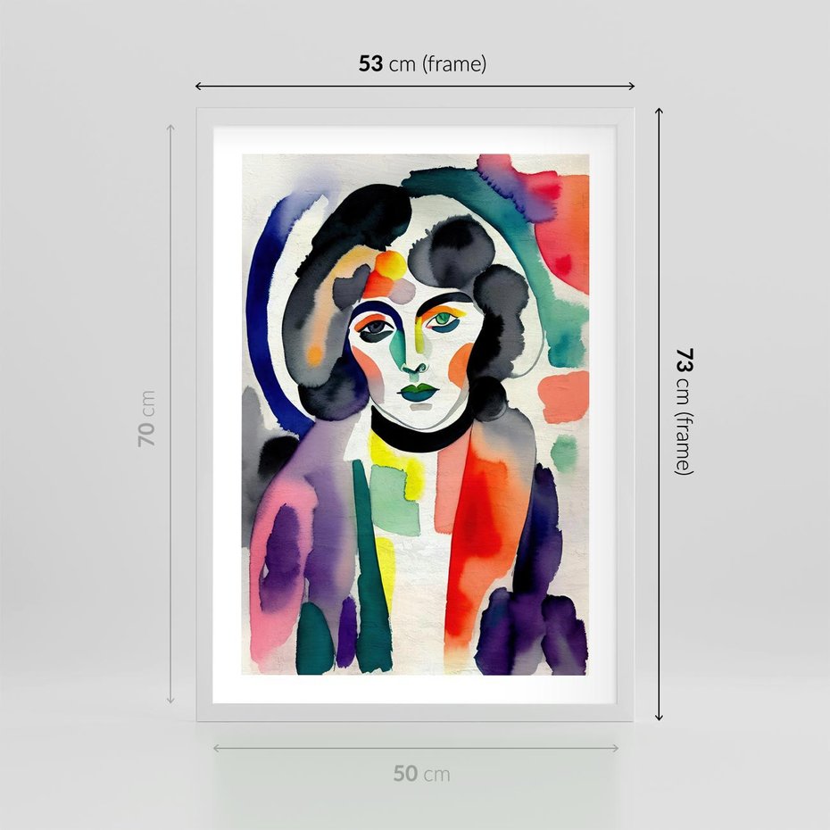 Plakat w ramie 50x70 - Subtelne Akwarelowe Ulotności - abstrakcyjny akwarelowy portret kobiety, rozmyte farby - rama biała