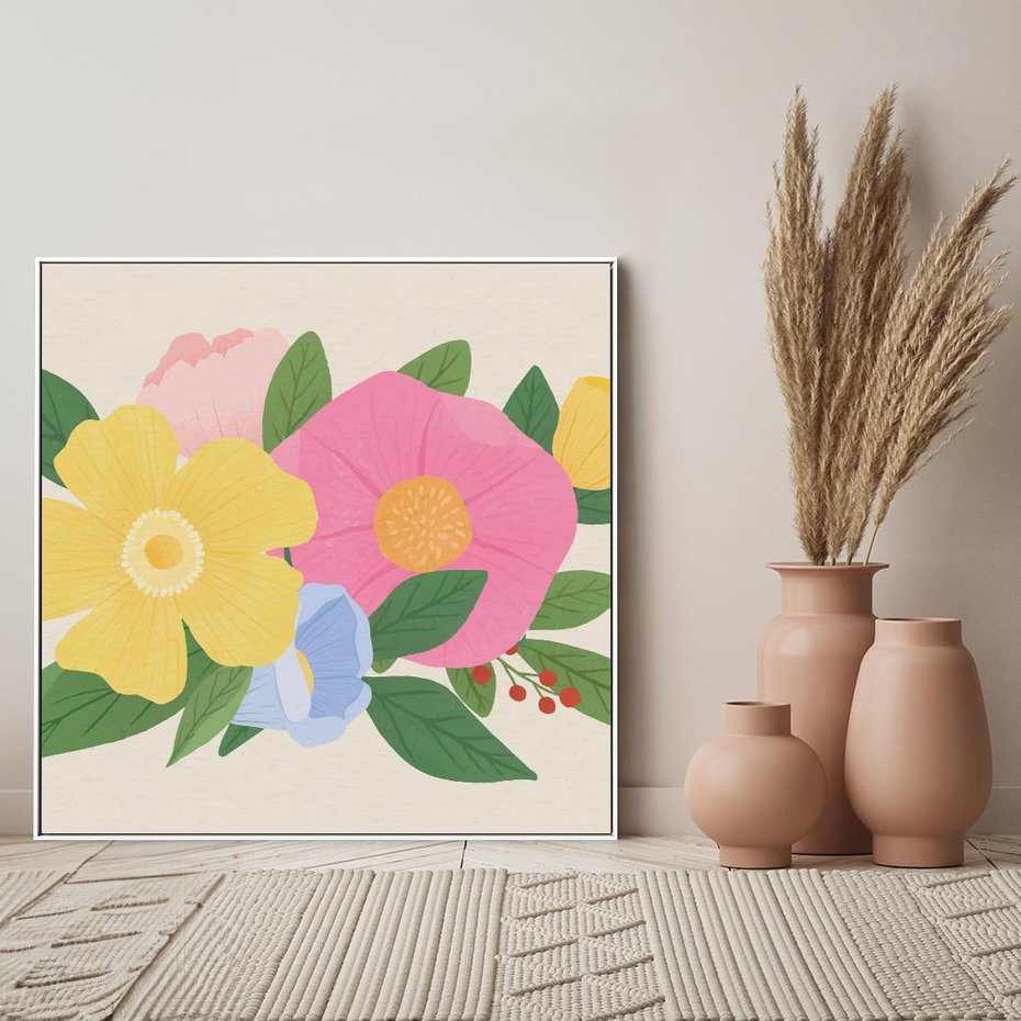 Obraz w ramie 80x80 - Kwiatowy Uśmiech - kwiaty, akwarela - rama biała