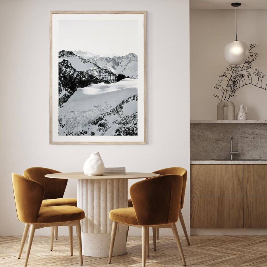 Plakat w ramie 40x50 - Biały Zimowy Pejzaż - góry w zimie, ośnieżone wysokie szczyty - rama drewno