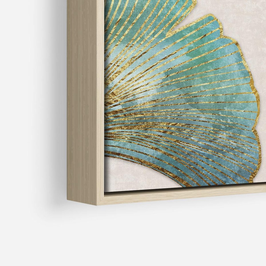 Obraz w ramie 50x50 - Złota Melodia Liści - złote, turkusowe liście miłorzębu - rama drewno