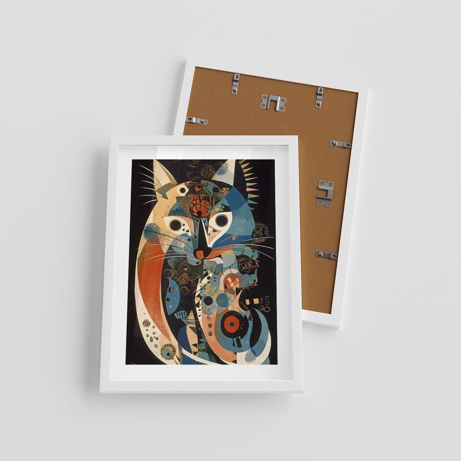 Plakat w ramie 30x40 - Księga Surrealnych Wymiarów - abstrakcyjny obraz olejny, kot - rama biała