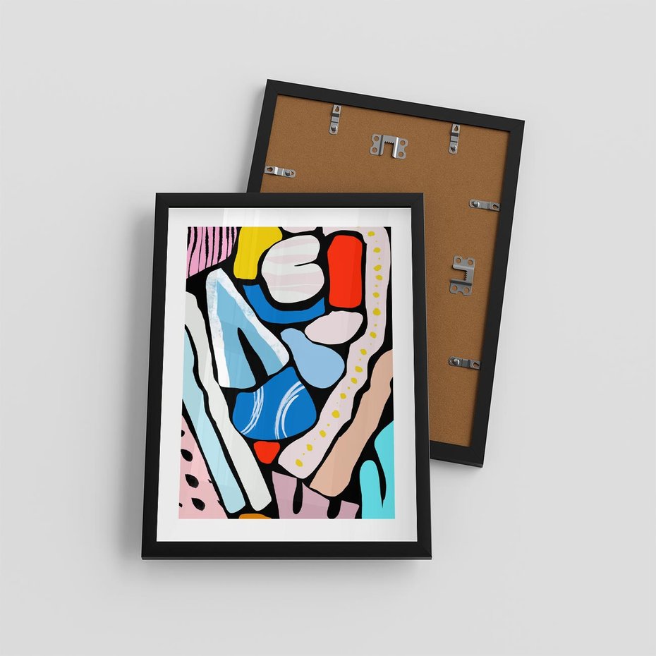 Plakat w ramie 30x40 - Kolory Na Czerni - abstrakcyjne formy, komiksowy styl - rama czarna