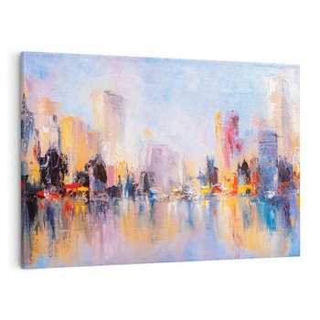 Obraz na płótnie 70x50 - Miasto Refleksji - olejna panorama miasta w oddali, wiezowce odbijają się w rzece