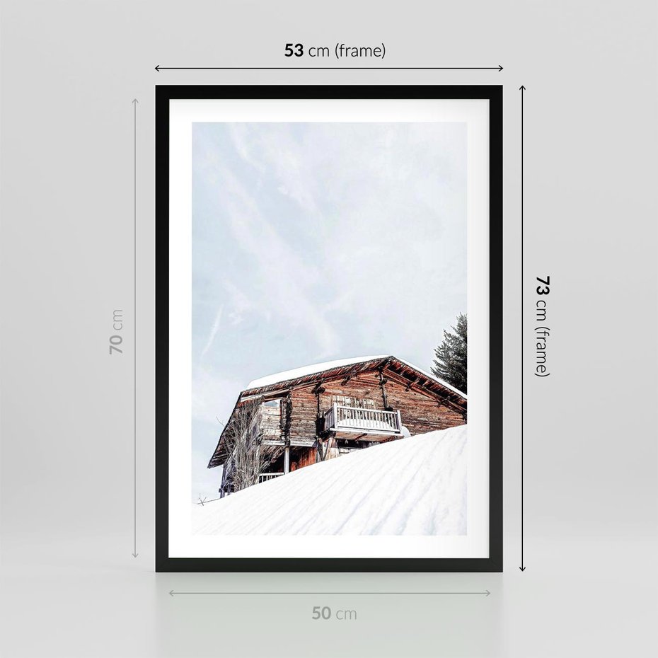 Plakat w ramie 50x70 - Spokój Górskiej Zimy - chatka w górach, domek górski - rama czarna