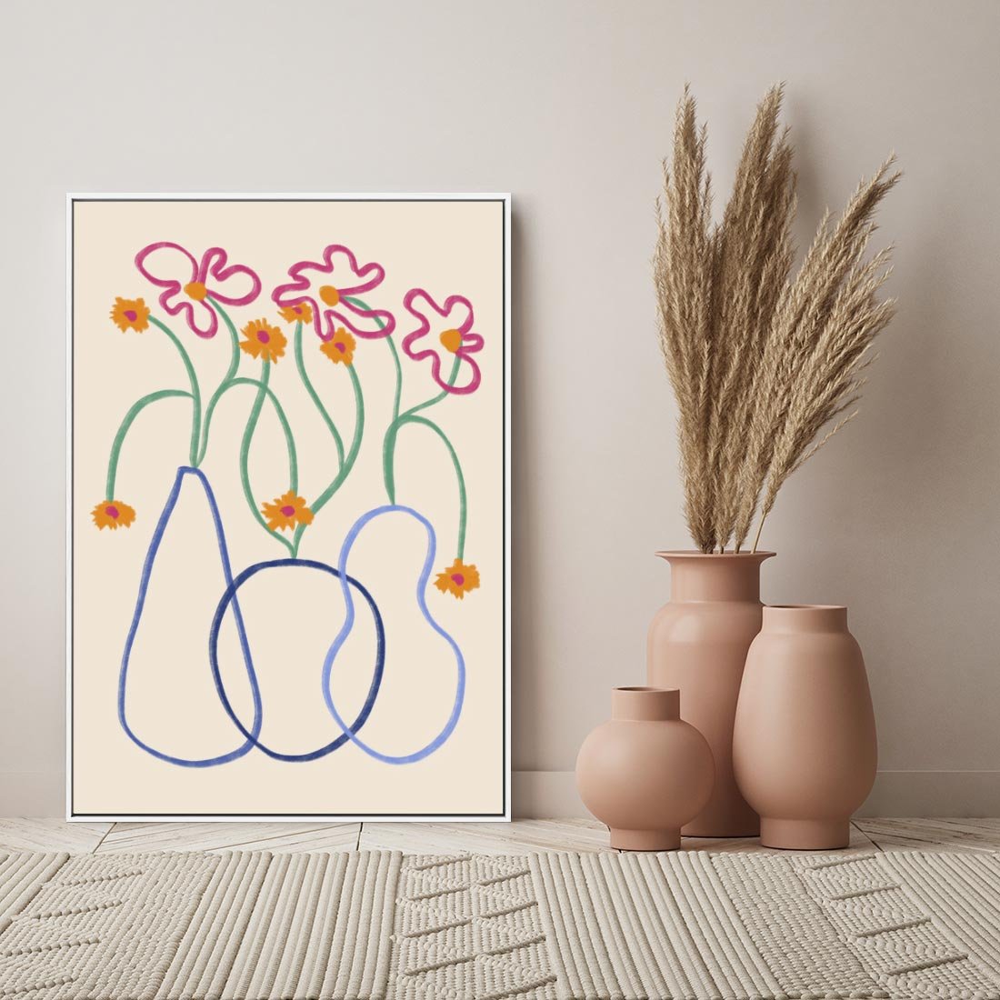 Obraz w ramie 50x70 - Migocące Pastelowe Impresje - minimalistyczny abstrakcyjny obraz, prymitywne kwiatki - rama biała