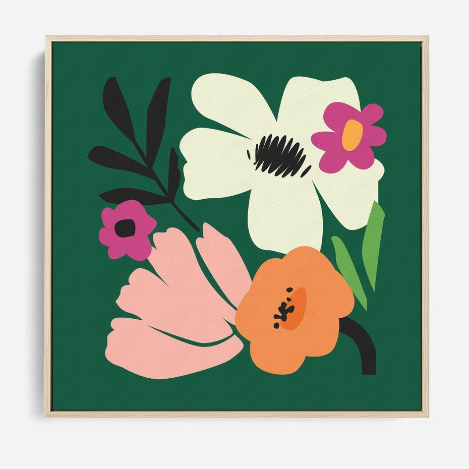 Obraz w ramie 80x80 - Rozbijające Echa - abstrakcyjne kwiaty, zielone tło - rama drewno